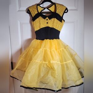 Curtain Call Dance Costume Yellow And Black Sequin Top Tull Skirt Bottom Sz AME